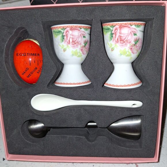 Mevis Line Boiled Eggs Cups Set Cups Timer Spoons Egg Topper Cracker - Picture 2 of 10